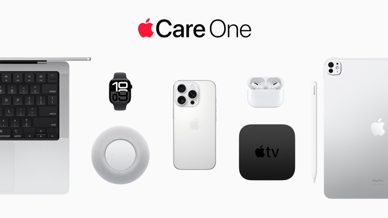 Care One logo with a row of Apple devices (MacBook, Apple Watch, iPhone, AirPods, Apple TV, iPad Pro)