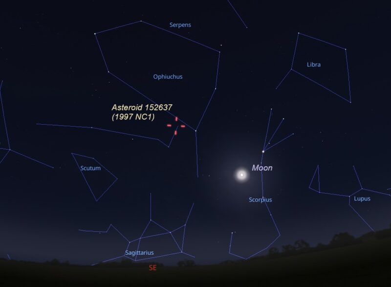 Red hashmarks show the location of the asteroid to the upper left of the moon.