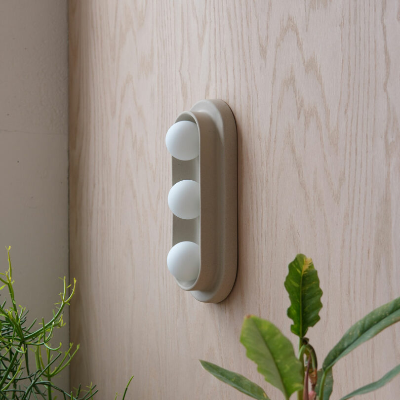 A beige wall-mounted light fixture with three round white bulbs is attached to a light wood wall near some green plants.