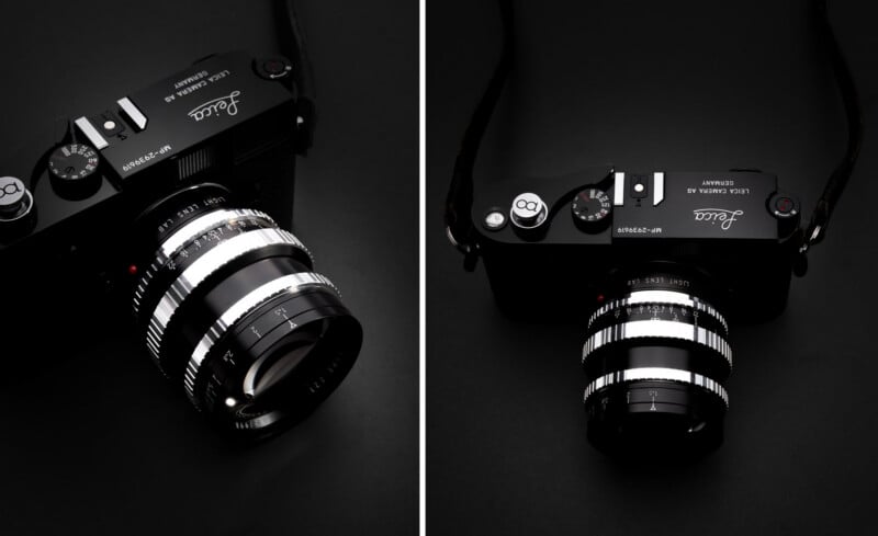 A black Leica camera with a silver and black lens is shown from two angles on a dark background. The camera displays dials, buttons, and the Leica logo in white text.