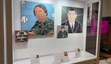 Mosaic of Effa Louise Manley and drawing of Bert Bell at City Hall on Thursday.