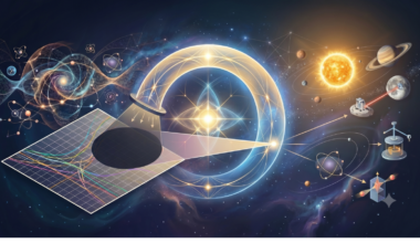 An illustration of lots of physics and astronomy materials against a cosmic-looking background.