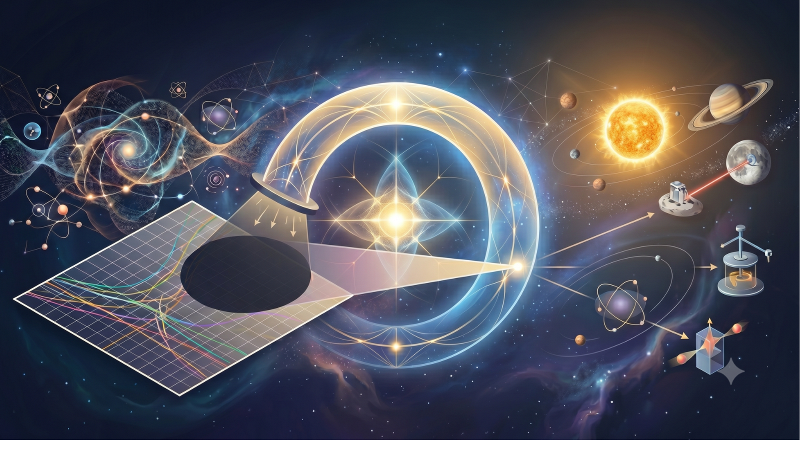 An illustration of lots of physics and astronomy materials against a cosmic-looking background.