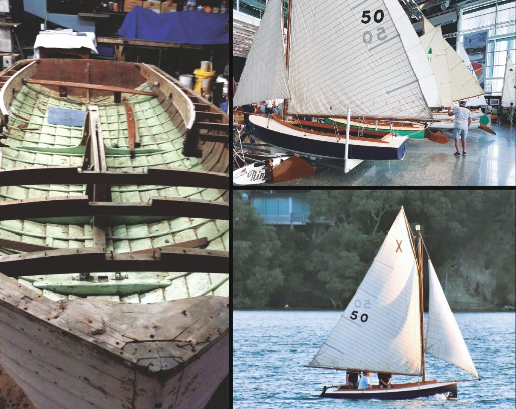 The X Class Clare; clockwise from top left; as she was found; under sail after restoration; and on display at the 2024 Wooden Boat Festival. // Photo credit: Copeland family archives