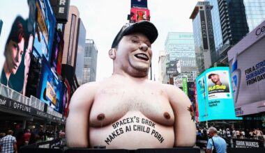 Massive Effigy of Elon Musk Raised Over Times Square to Protest Grok