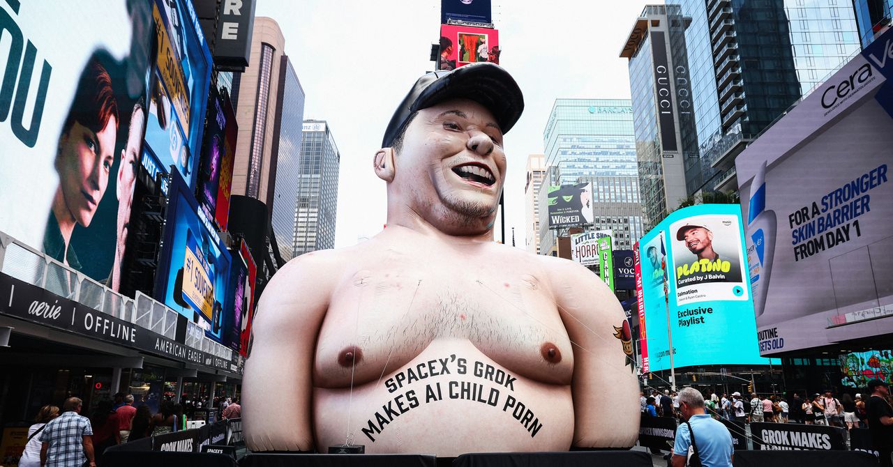 Massive Effigy of Elon Musk Raised Over Times Square to Protest Grok