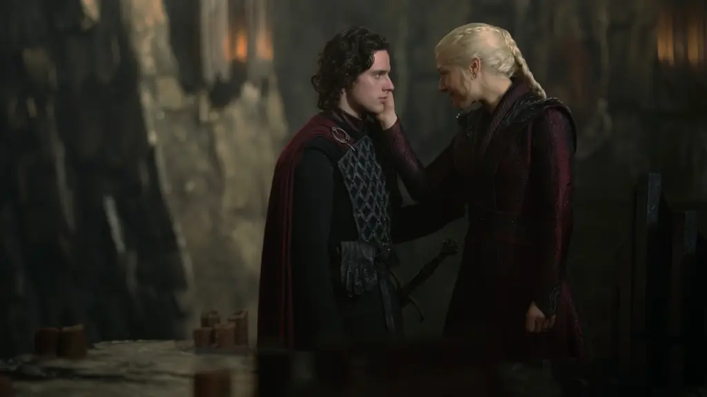 Queen Rhaenyra Targaryen embraces her son Jace Velaryon in HOUSE OF THE DRAGON Season 3 on HBO. 