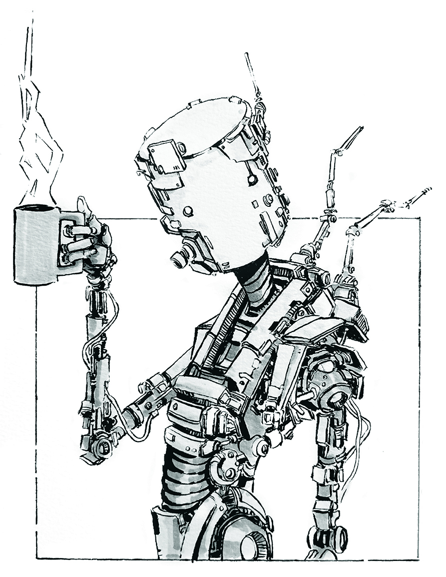 Black-and-white ink drawing of a robot character design