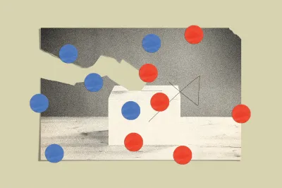 An abstract artistic collage with a grainy, stippled texture, set against a solid beige background. The central rectangular piece features a dark grey, textured upper section that is torn horizontally across the middle, revealing a lighter background underneath. A simple white box shape sits at the bottom center. Scattered across the composition are several solid-colored circular cutouts—five in bright blue and six in bright red. Thin, black geometric lines form an abstract shape next to the right side of the white box.