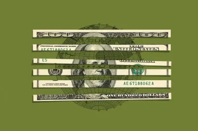 An illustration against a solid olive-green background features a detailed line drawing of a globe with latitude and longitude lines. Layered horizontally across the front of the globe are six shredded, parallel strips of a United States one-hundred-dollar bill. The strips are spaced apart, revealing parts of the globe behind them, but are aligned to show the partial face of Benjamin Franklin and elements of the currency text and serial numbers.