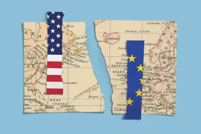 On a light blue background, an image of a map torn in two, with a cutout of the United States flag on the left, and the flag for the European Union on the right.