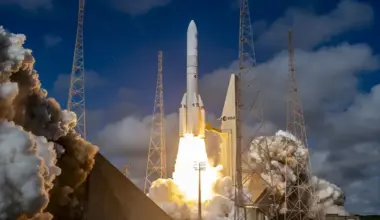 Arianespace has launched 36 Amazon satellites aboard the first Ariane 6 rocket to be equipped with upgraded P160C solid-fuel boosters.