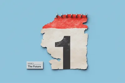 A studio shot of an artifact displayed against a solid light-blue background. The artifact is a single, heavily torn page from a daily desk calendar, attached to a metal ring binding at the top. The top section of the paper is textured red, while the main body is off-white and features a large, slightly distressed black number "1" in the center. The edges of the paper are jagged and missing large pieces. To the lower left of the calendar page sits a small white block with a label that reads "EXHIBIT 5: The Future".
