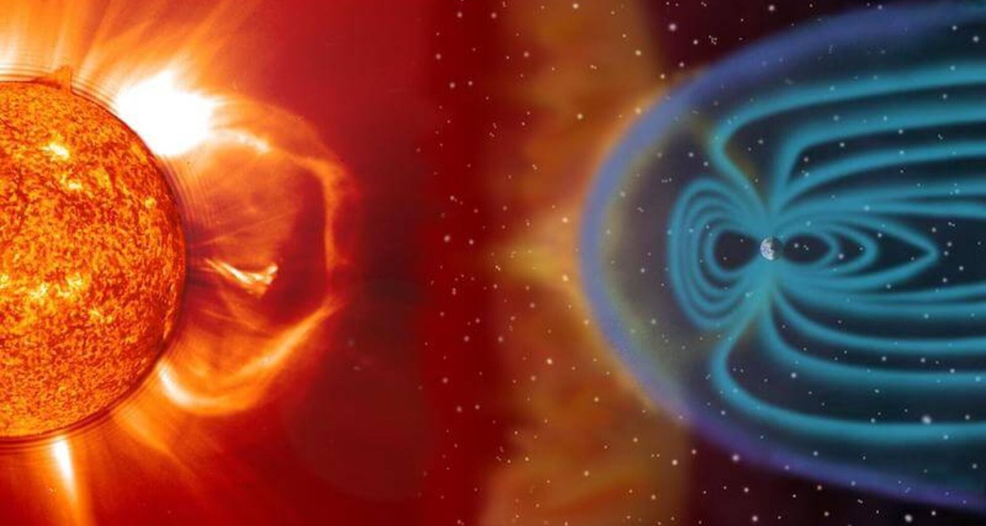 On the left, a view of the sun shooting out plasma. On the right, a tiny Earth surrounded by blue drawn lines representing our planet's magnetic field.