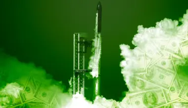 Illustration of a SpaceX launch with money in the clouds