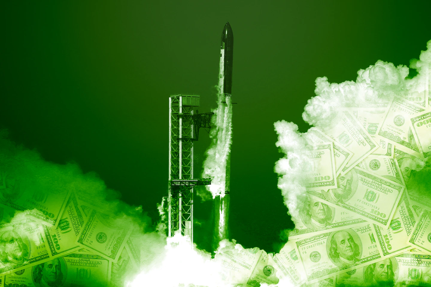 Illustration of a SpaceX launch with money in the clouds