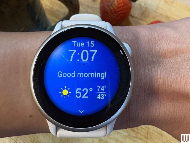 Image may contain: Wristwatch, Electronics, Screen, Computer Hardware, Hardware, Monitor, Arm, Body Part, and Person