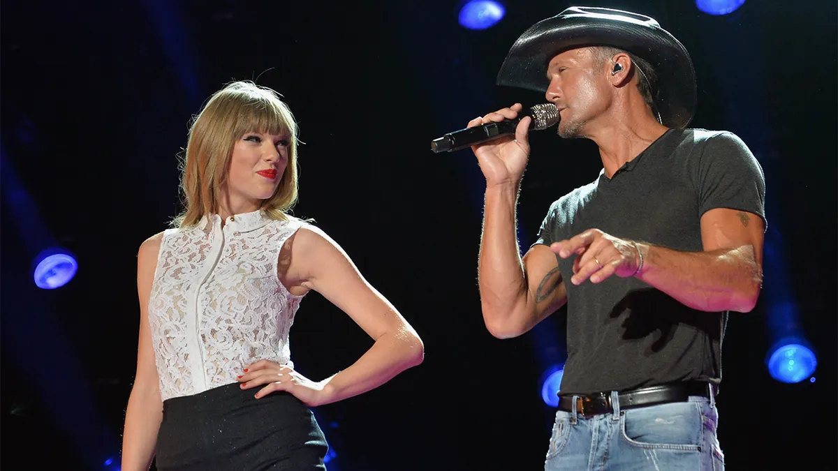 Singers Taylor Swift and Tim McGraw performing on stage in Nashville, Tennessee.