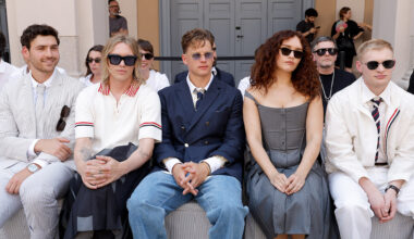 Charlie Hall, Jamie Campbell Bower, Joe Burrow, Olivia Cooke and Curry Barker at the Thom Browne fashion show as part of Milan Men's Spring-Summer 2027 fashion week on June 22, 2026 in Milan, Italy.