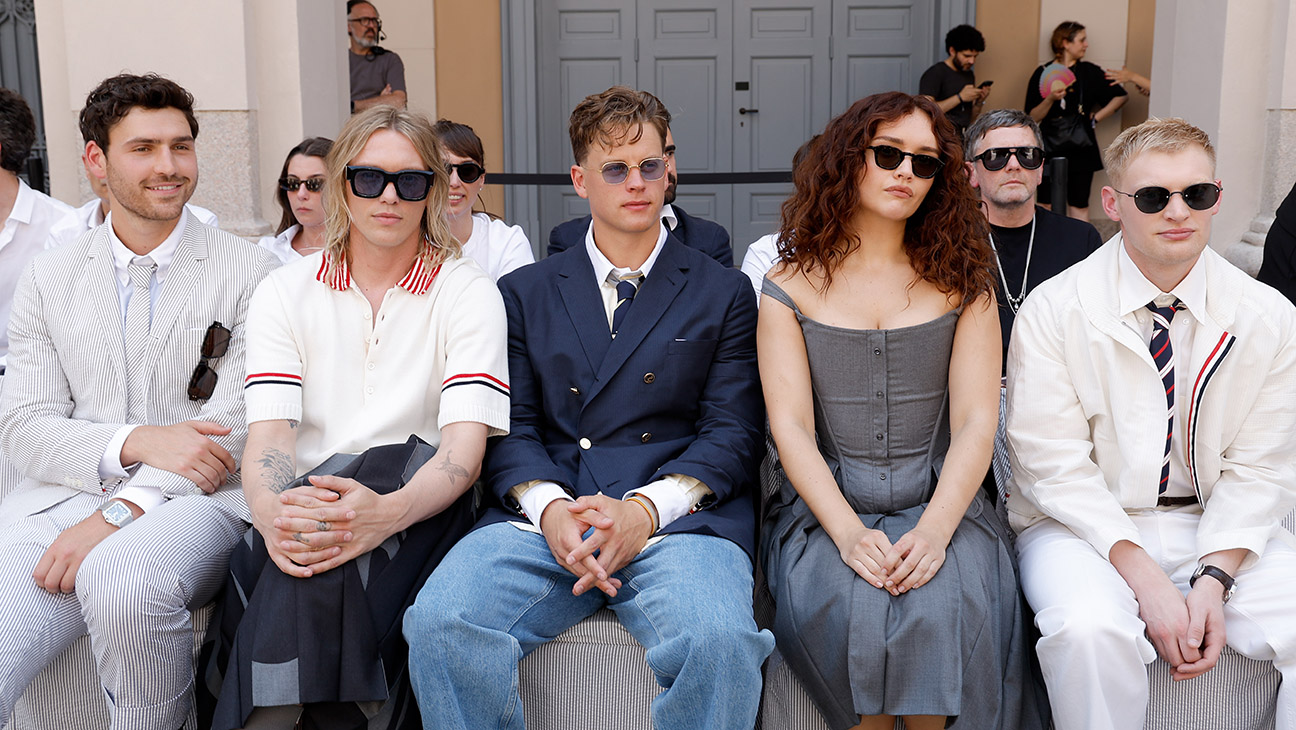 Charlie Hall, Jamie Campbell Bower, Joe Burrow, Olivia Cooke and Curry Barker at the Thom Browne fashion show as part of Milan Men's Spring-Summer 2027 fashion week on June 22, 2026 in Milan, Italy.