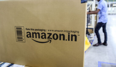 A package sits ready for shipment at the Amazon.com Inc. fulfillment center in Hyderabad, India