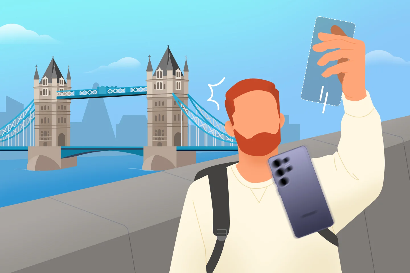 Illustration of a traveler at London's Tower Bridge dropping his Galaxy phone, with a second handset shown beside him.