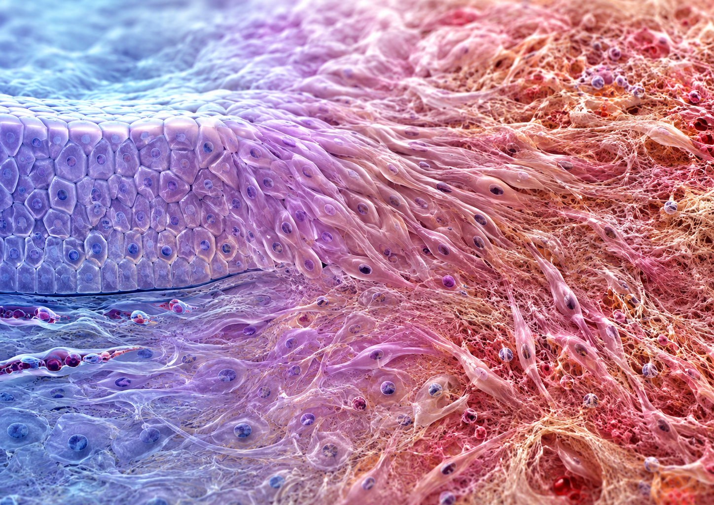Study: Mesenchymal drift: A convergent framework for the hallmarks of aging.  AI-generated biomedical illustration showing a transition from organized healthy tissue to fibrotic, inflamed tissue, representing mesenchymal drift during aging. Image Credit: ChatGPT / OpenAI.