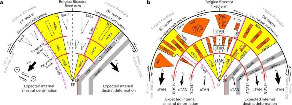 Initial phase with formation of the major twin Aurora and Wilkes basins caused by rotational movements around the Euler pole, symmetrical with respect to the Belgica Bisector