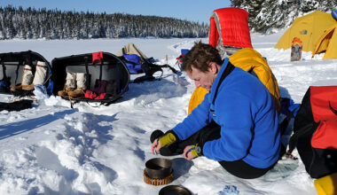 winter camper cooking outside