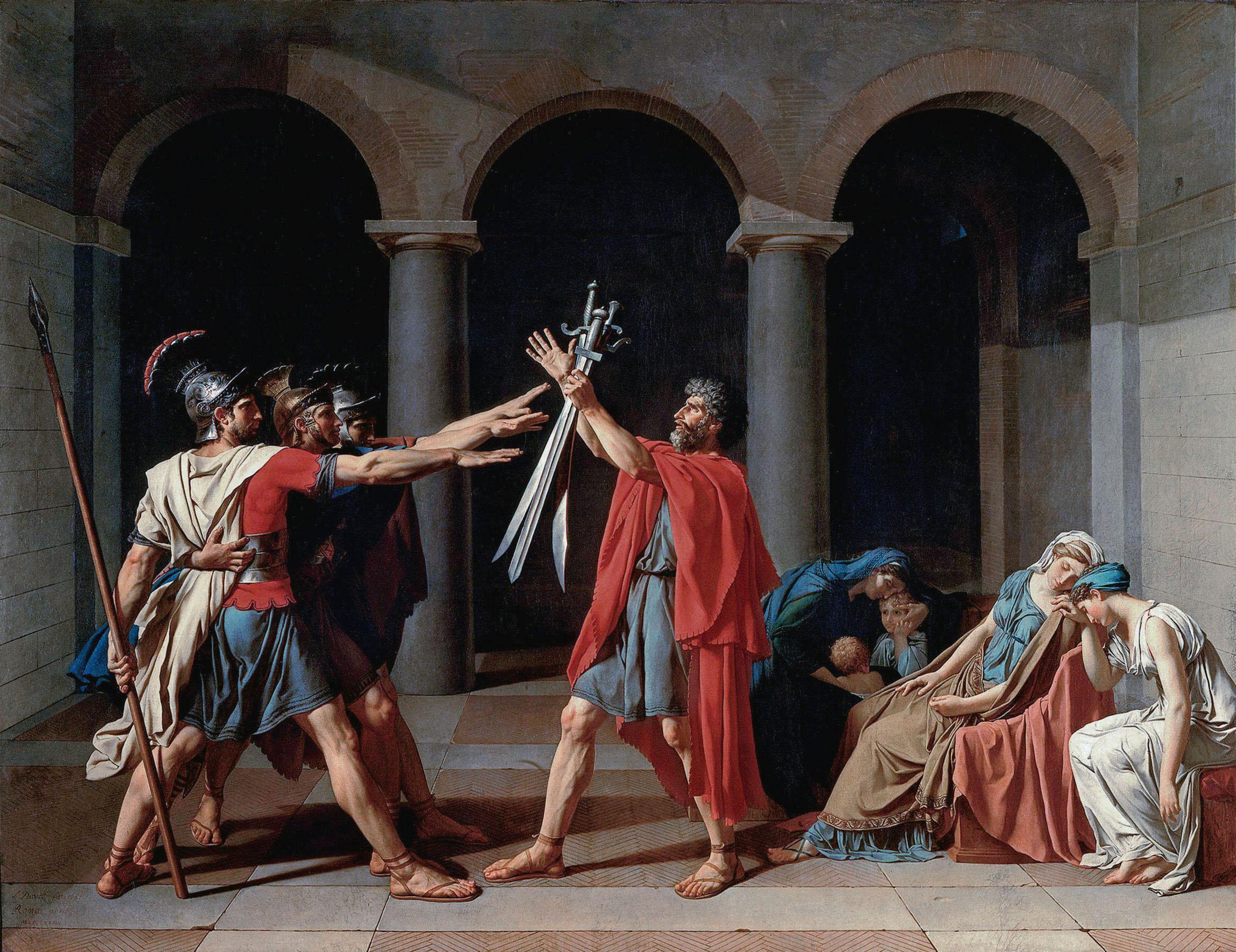 Three soldiers stand before a red-robed man who is holding their swords, stretching out their arms towards him in a ritual oath. Behind them, three women swoon over two children.