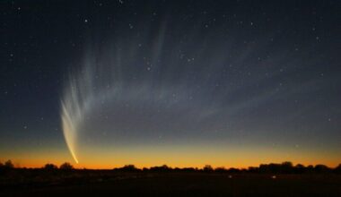 Passing star: Twilit-sky with a comet that has a diffuse, arching tail.