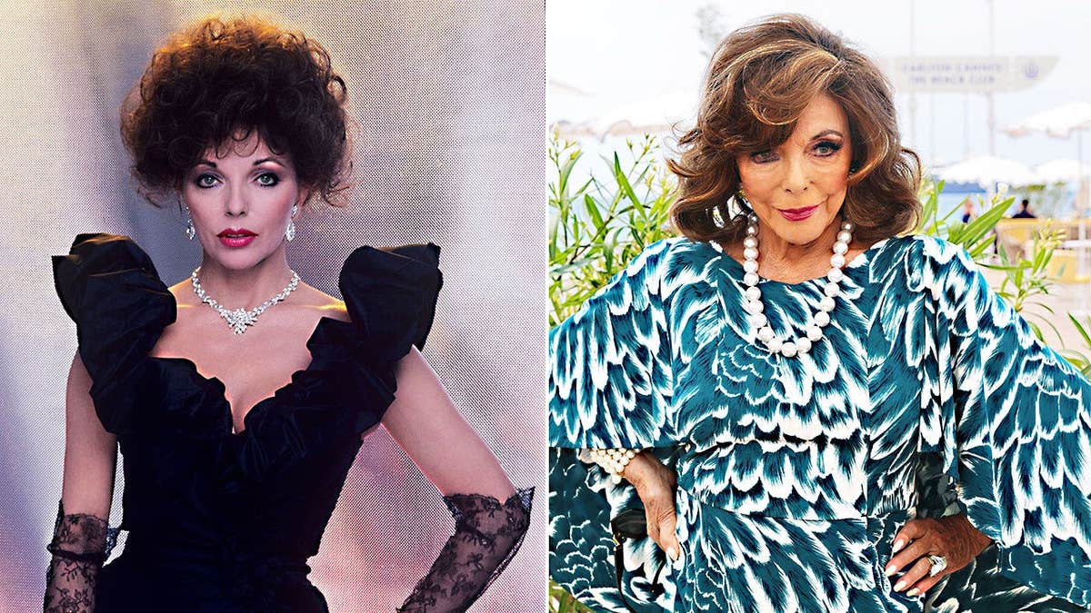 A split side-by-side image of Joan Collins then and now.