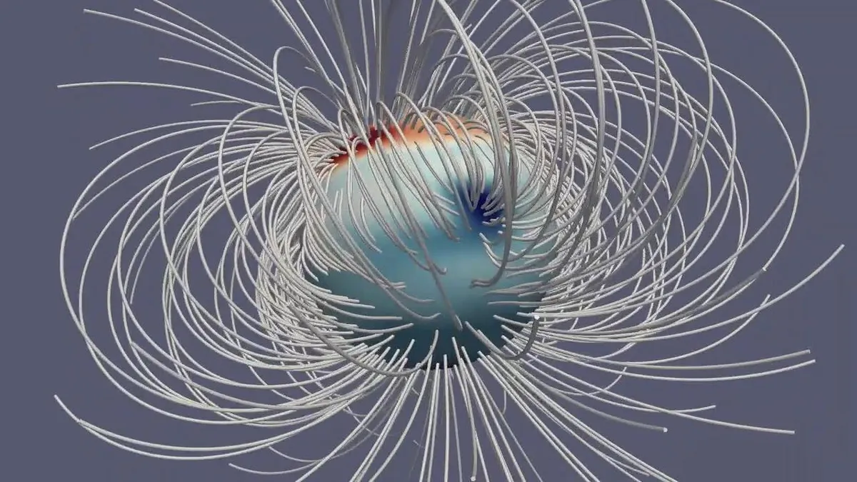 An artist's impression of Jupiter's magnetic field at a single moment in time. Credit: NASA/JPL-Caltech/Harvard/Moore et al.