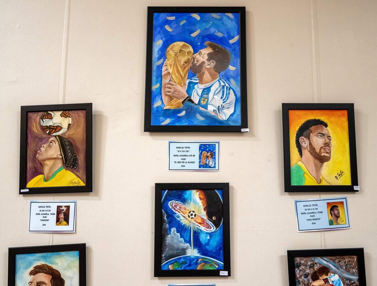 FIFA World Cup-themed artwork by Natalia Testa, an artist from Buenos Aires, Argentina, is displayed for sale in a gallery at the Crossroads location of Café Corazón on Wednesday, June 24, 2026, in Kansas City.