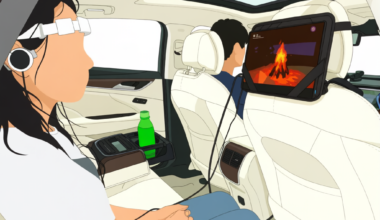 Cartoon of someone in the back of a car, watching TV and wearing a special headband