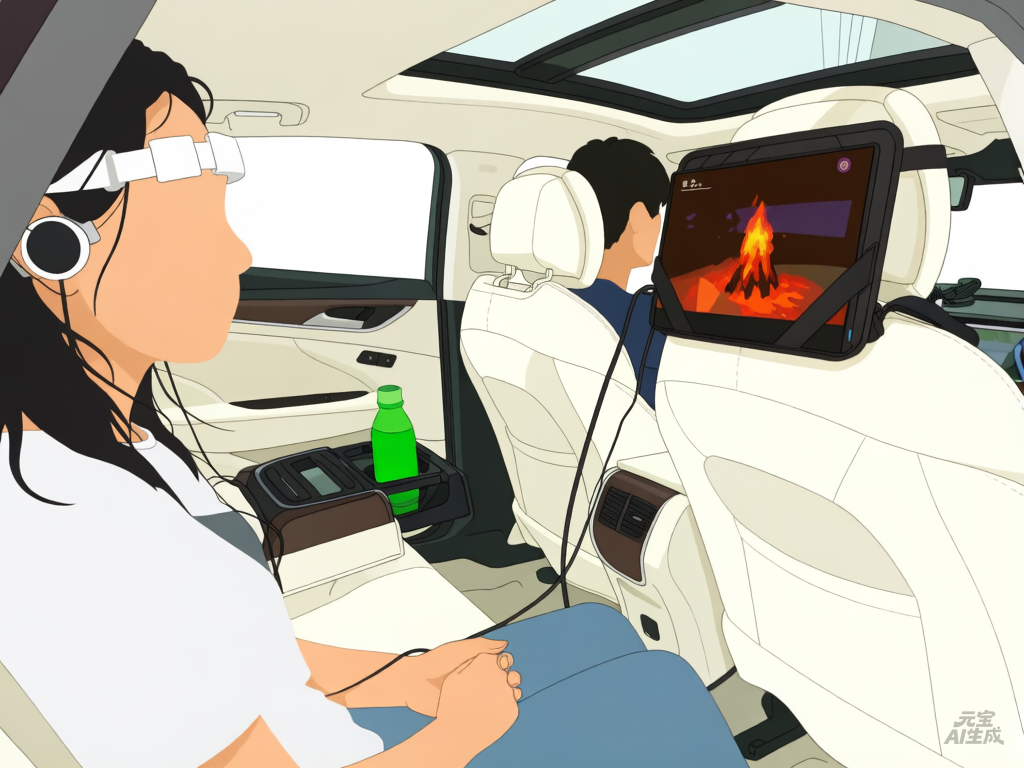 Cartoon of someone in the back of a car, watching TV and wearing a special headband
