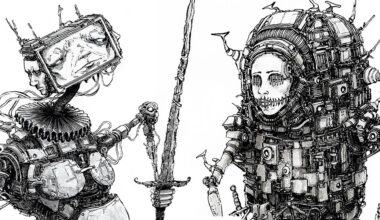 Black-and-white ink drawings of robot character designs