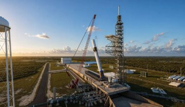 Blue Origin plans to use a crane to lift its New Glenn rocket onto its new launch pad at Cape Canaveral Space Force Station in Florida.