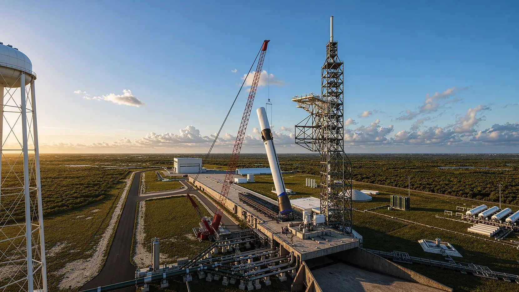 Blue Origin plans to use a crane to lift its New Glenn rocket onto its new launch pad at Cape Canaveral Space Force Station in Florida.