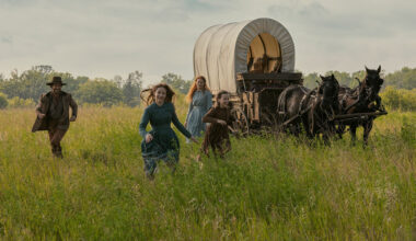 From left: Luke Bracey as Charles Ingalls, Skywalker Hughes as Mary Ingalls, Crosby Fitzgerald as Caroline Ingalls, Alice Halsey as Laura Ingalls in episode 101 of Netflix’s ‘Little House on the Prairie.’