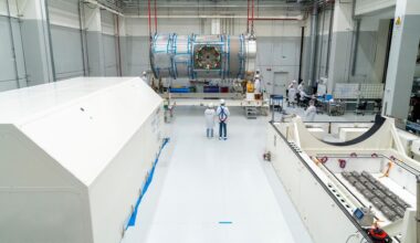 Technicians at Thales Alenia Space in Turin, Italy prepare the HALO habitat module for transport to the United States.