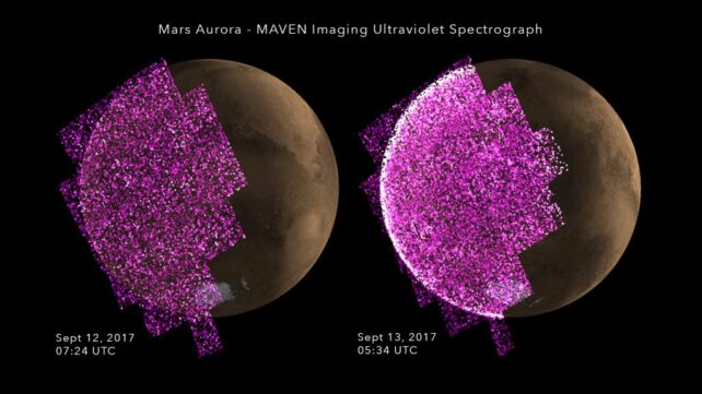 Two side-by-side MAVEN ultraviolet observations of Mars show magenta aurora data overlaid on the planet, with a much brighter auroral glow visible in the image from September 13, 2017.