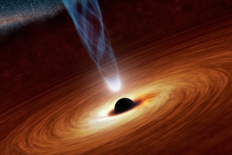 Astronomers at MIT and elsewhere have detected a quasar flickering from the very early universe. This artist’s concept illustrates a quasar accretion disk and a jet of superheated material streaming out to space. Credit: NASA/JPL-Caltech