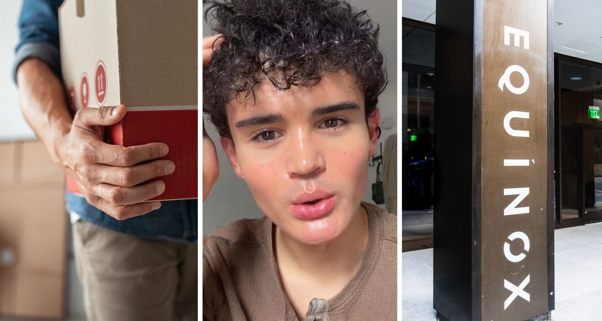 man moves out (l) man shares gym issue (c) Equinox gym entrance (r)