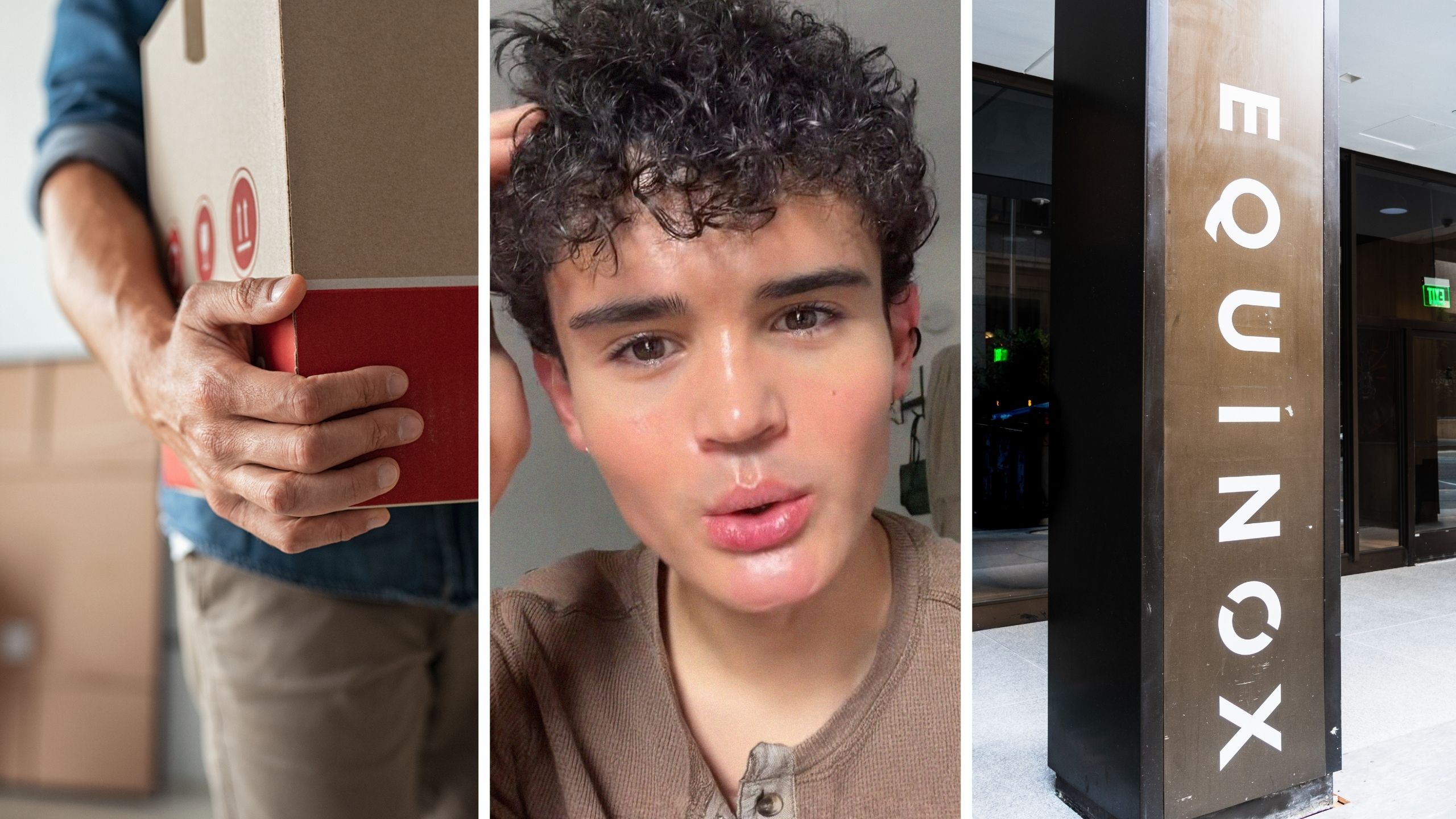 man moves out (l) man shares gym issue (c) Equinox gym entrance (r)