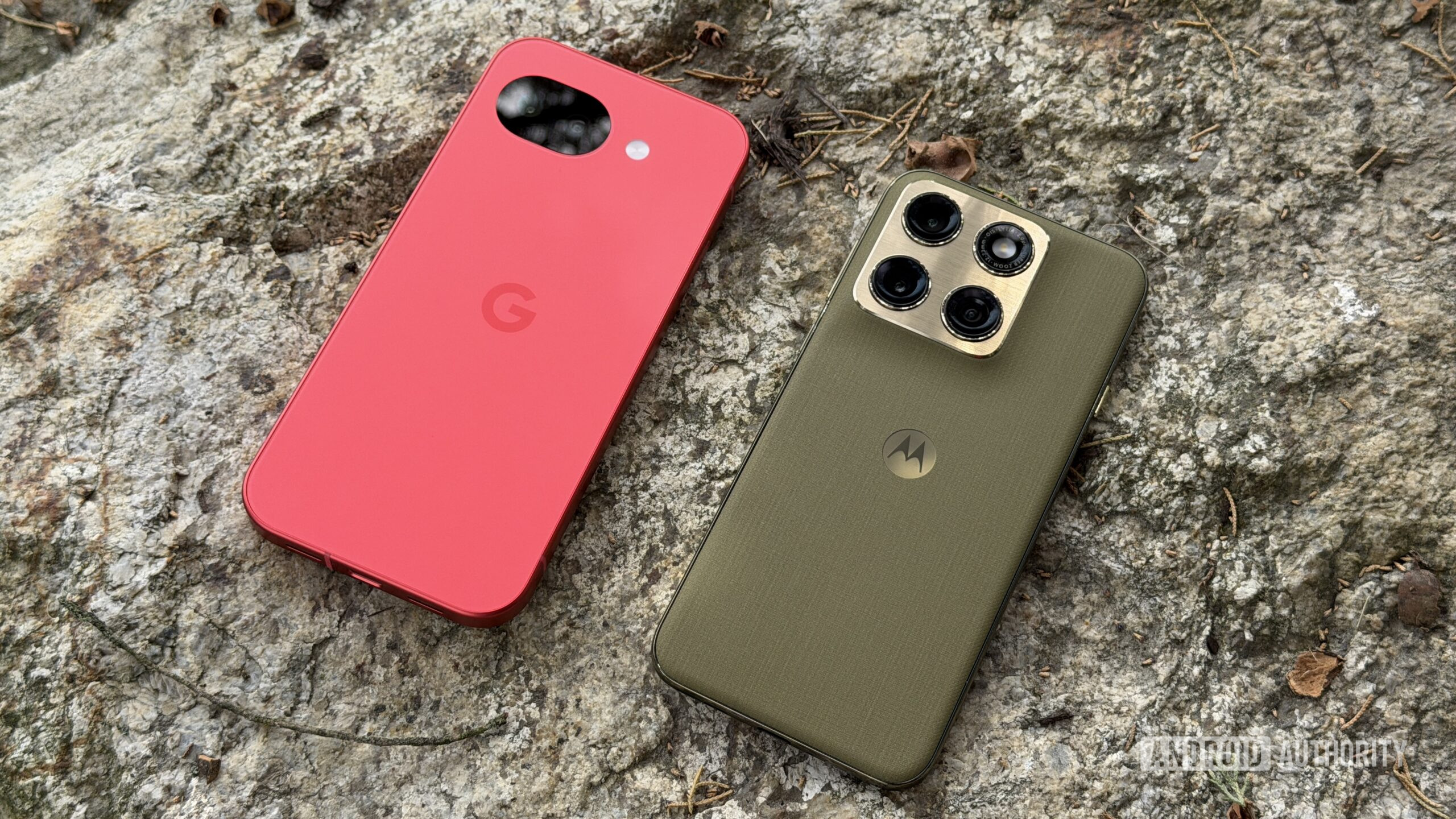 Motorola Edge 2026 Pixel 10a on rock