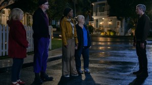 THE BURBS -- "Sardine?" Episode 103 -- Pictured: (l-r) Julia Duffy as Lynn, Mark Proksch as Tod, Keke Palmer as Samira, Paula Pell as Dana, Justin Kirk as Gary -- (Photo by: Elizabeth Morris/PEACOCK)