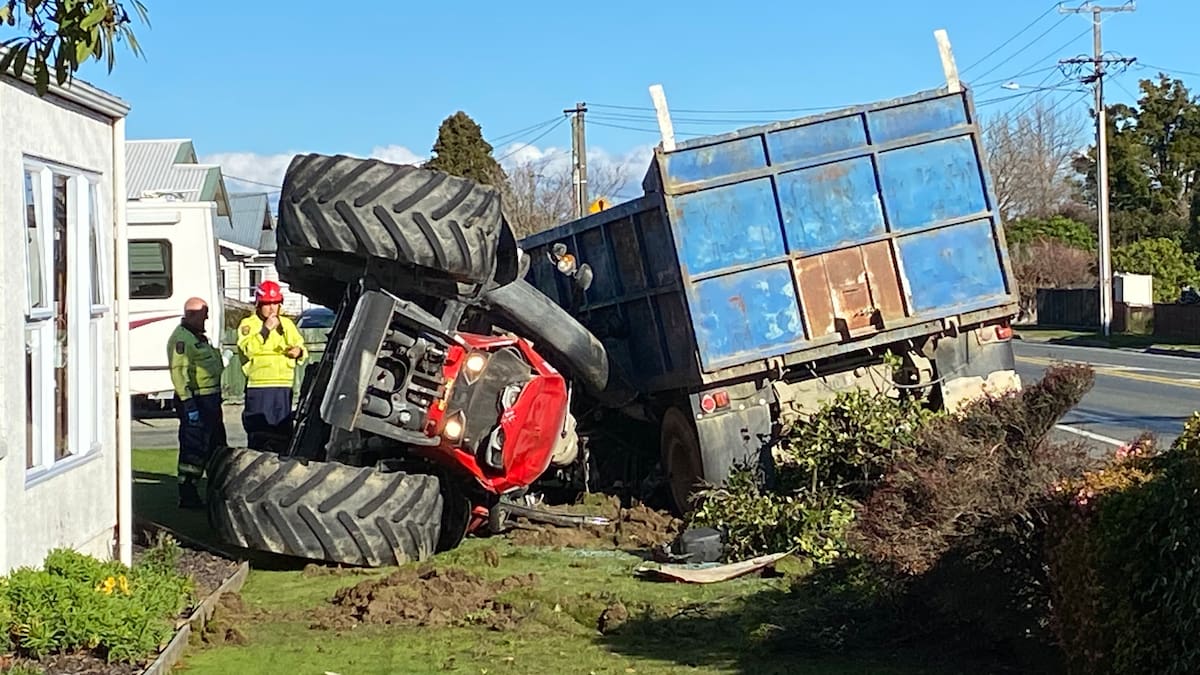 Motueka crash: Driver escapes with minor injuries after tractor-trailer overturns in crash with car