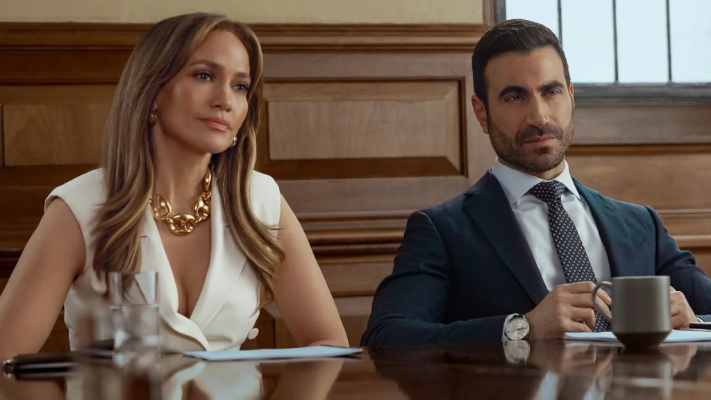Jennifer Lopez and Brett Goldstein in “Office Romance” (Ana Carballosa/Netflix)