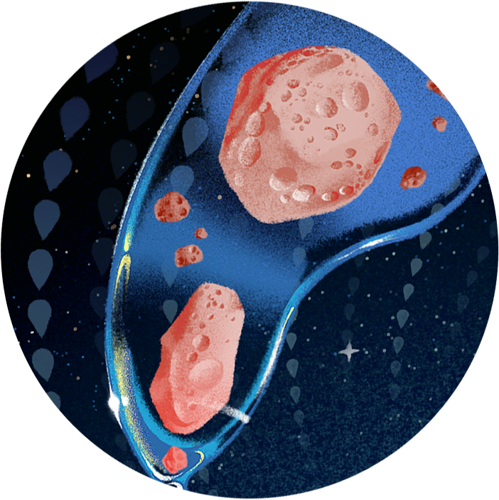 A spot illustration of an asteroid covered in water